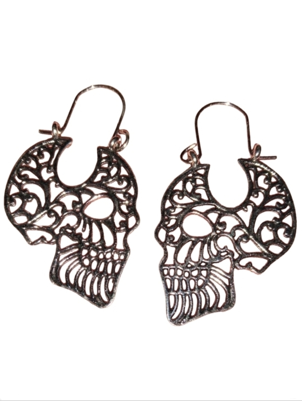 Silver Filigree Skull Earrings Face Dia De Los Muertos Gothic Goth Lace Swirl